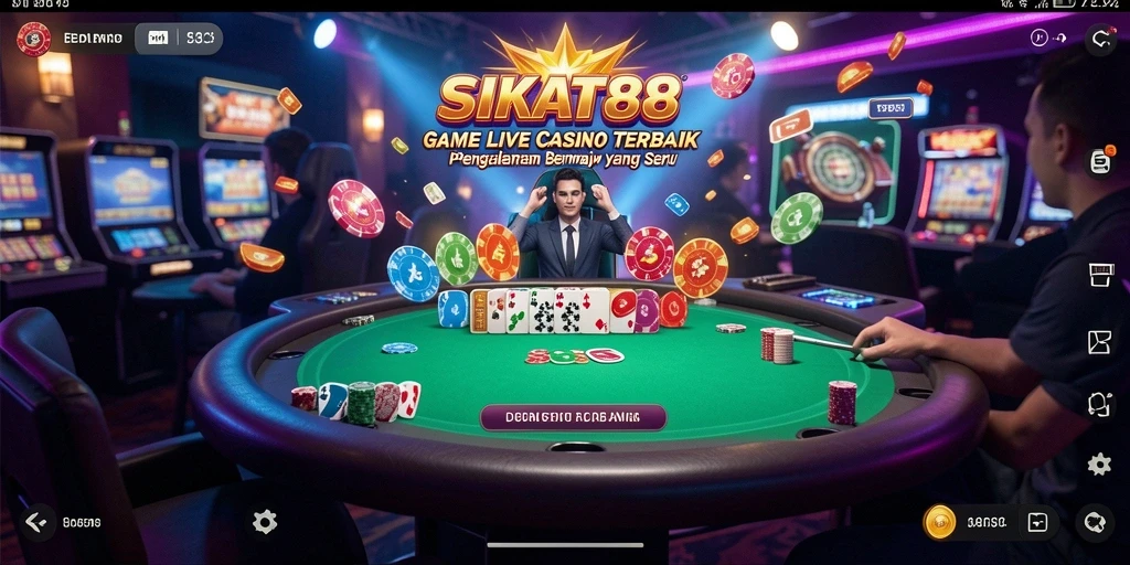 Screenshot menunjukkan dealer profesional dan gameplay Live Casino yang seru.